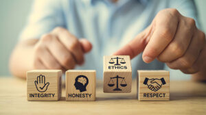 integrity and other values written on wooden blocks